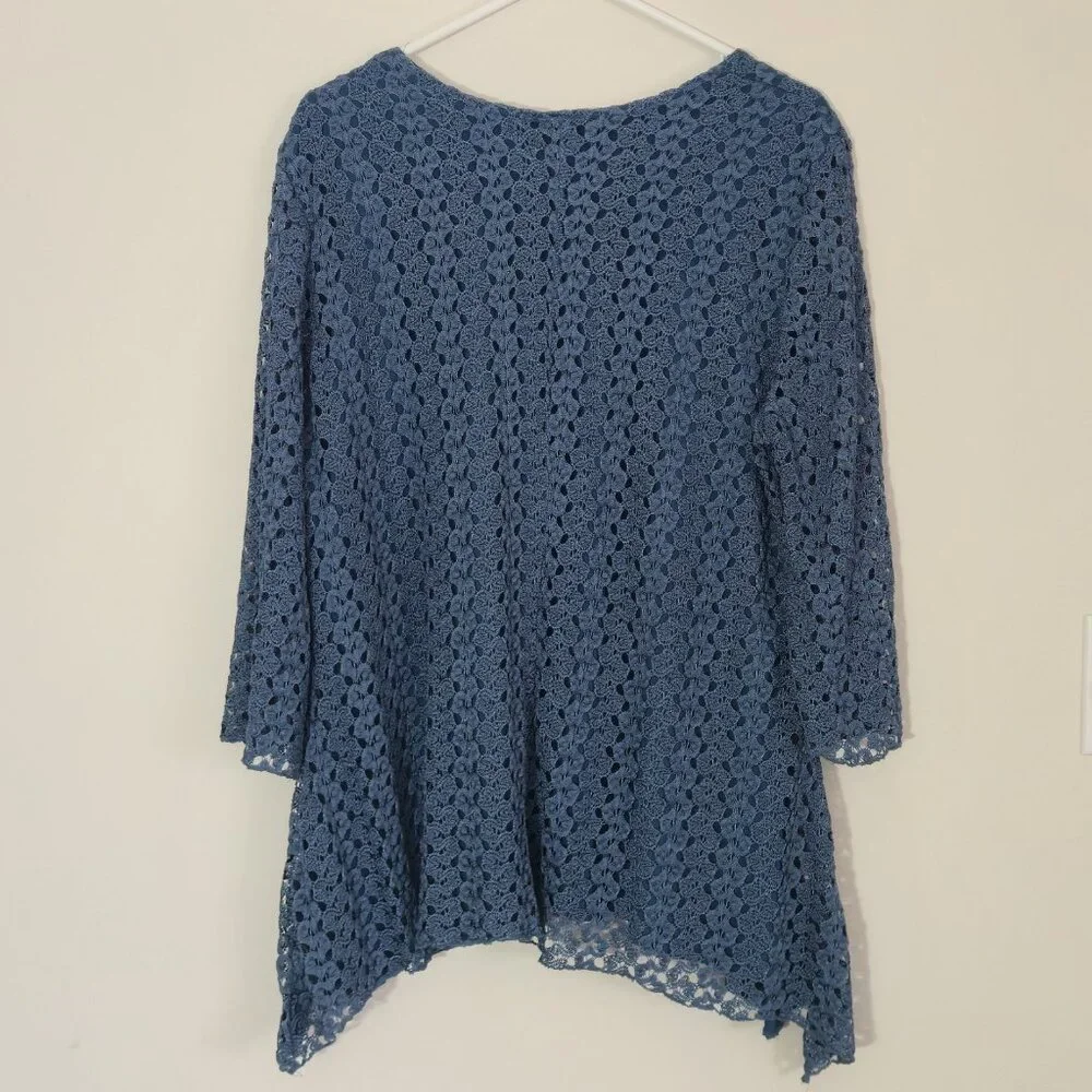 Initiatives Lined Teal Blue Lace Tunic Sharkbite Hem Crochet Lagenlook Blouse XL - Picture 8 of 10